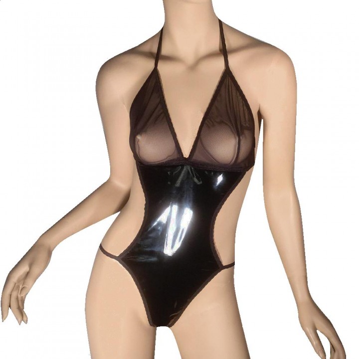 vinyl sexy bodysuit with tulle bra with amazing fit