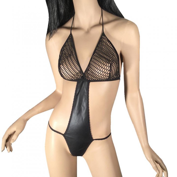 faux leather sexy teddy with fishnet bra in amazing design 