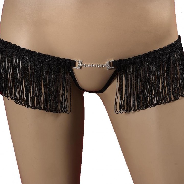 Sexy fringe thong with opening and rhinestones 