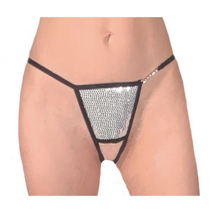 Sequin open crotch thong with chain