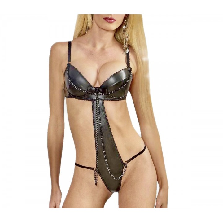 sexy leather teddy with push up bra and chains in unusual design 