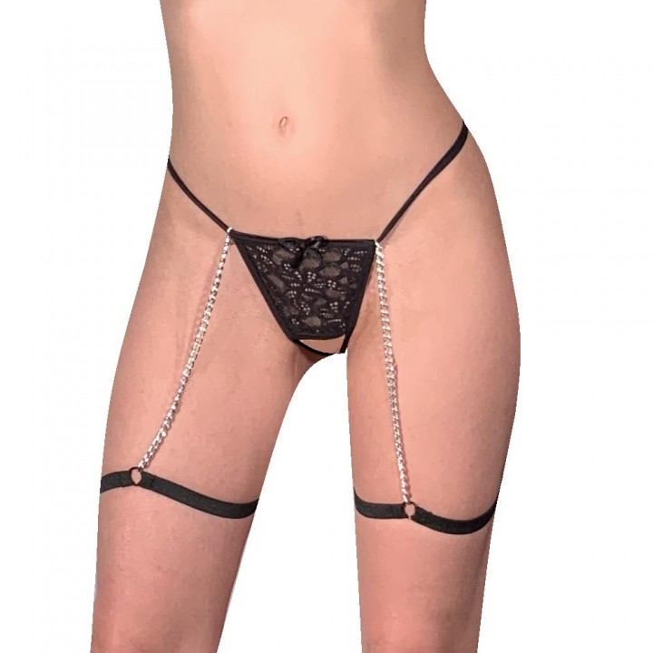 open crotch thong with garters and chains in many colors 